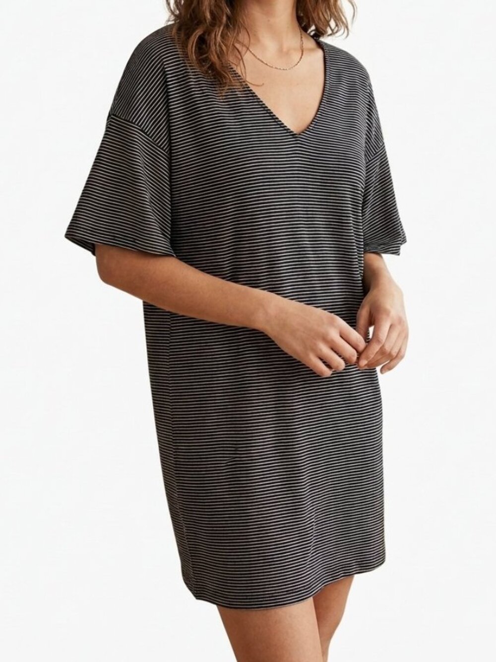 H&M Striped T Shirt Shift Mini Dress Womens M Black White V Neck Casual Minimal
